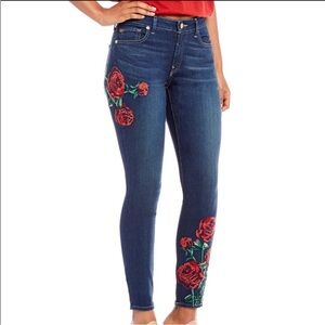 True Religion Blue Jeans with Red Floral Embroidery